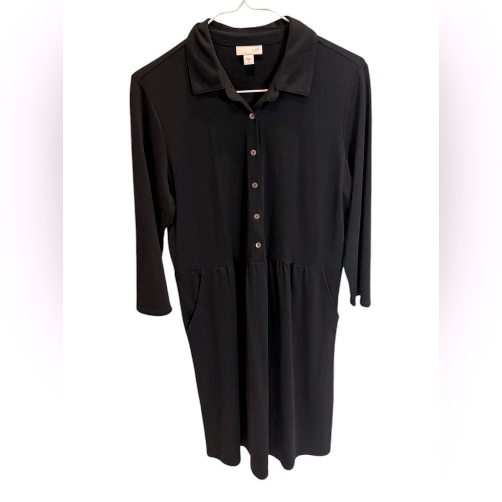 J.Jill Black Jersey Knit Shirt Dress Size S 1/2 Button Midi Minimalist Casual